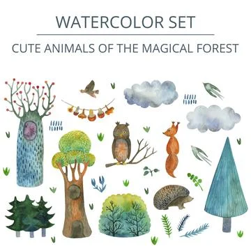 Vector Watercolor set with squirrel, owl, swallows Stock Illustration