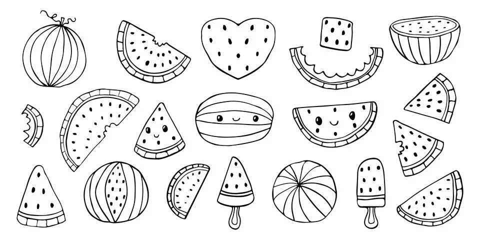 Vector watermelon doodle set, isolated collection on white background, outline Stock Illustration