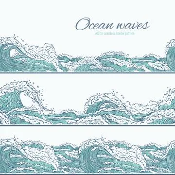 Vector waves sea ocean seamless pattern border. Big and small azure bursts Stock Illustration
