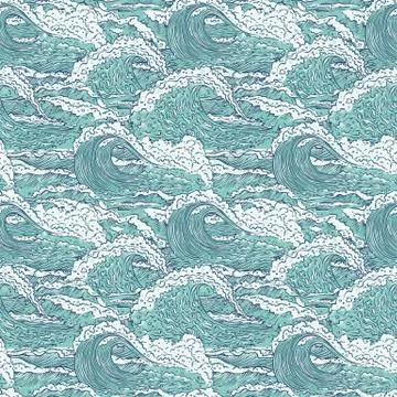 Vector waves sea ocean seamless pattern. Big and small azure bursts splash with イラスト素材