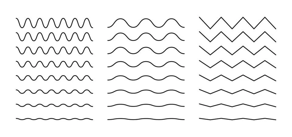 Vector wavy and zigzag horizontal underline. Waves line set. Set of wavy lines Stock Illustration
