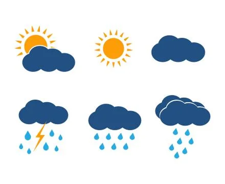 Vector weather icons set. Sun, clouds, rain, lightning. Stock Illustration