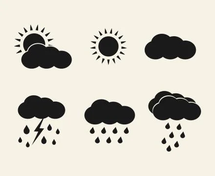 Vector weather icons set. Sun, clouds, rain, lightning. Illustrazione stock