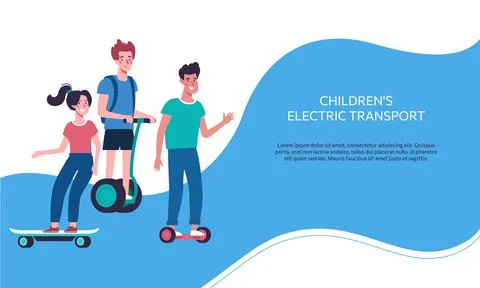 Vector web banner with children on electric transport. Kids ride gyroboards Stock Illustration
