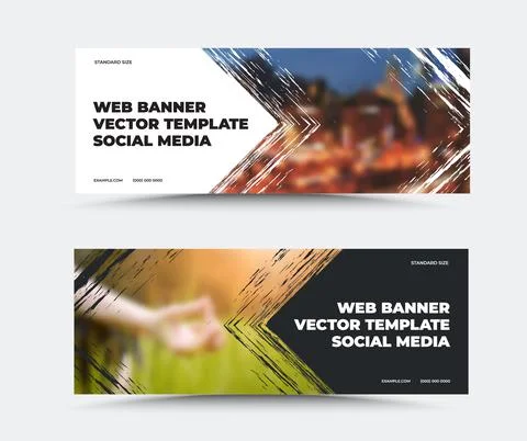 Vector web banner template with arrow paint stroke, company text, data on whi Stock Illustration