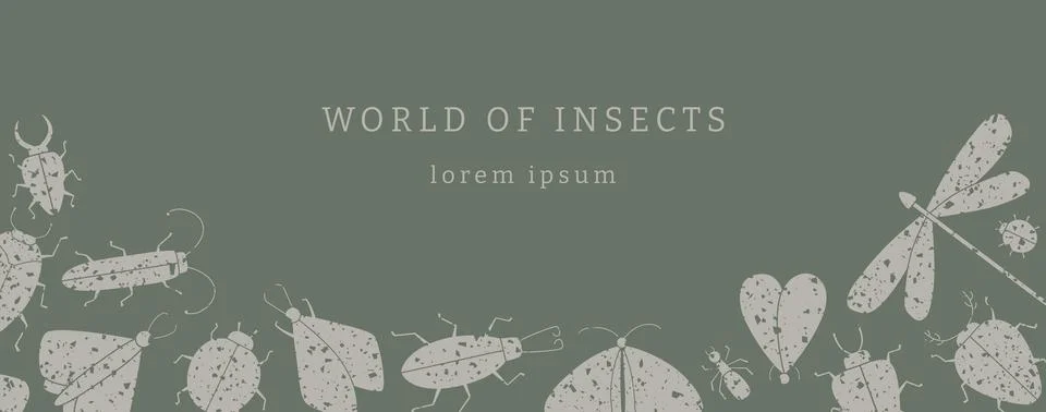 Vector web banner template with grunge insects shapes. Warm, natural, green Stock Illustration