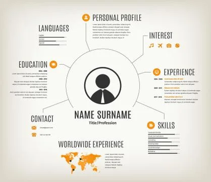 Vector web cv or resume template with world map. Illustrazione stock