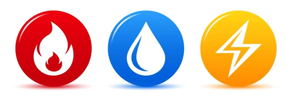 Vector web icons fire, water, electricity isolated on white Stock Illustration