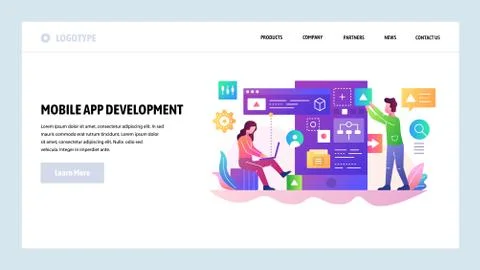 Vector web site design template. Mobile app development team, programmer build a Illustrazione stock