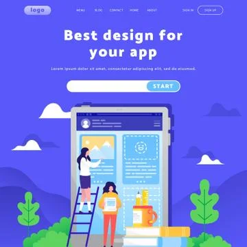 Vector web site design template. Female team build mobile application and Stockillustratie