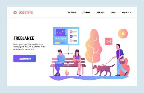 Vector web site gradient design template. Freelancers working in a park. People Stock Illustration