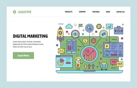 Vector web site linear art design template. Digital marketing and seo analytics 스톡 일러스트