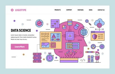 Vector web site linear art design template. Data science and machine learning Stock Illustration