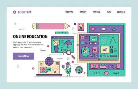 Vector web site linear art design template. Online education and internet Stock Illustration