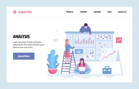 Vector web site linear art design template. Business team do data analysis using Stock Illustration