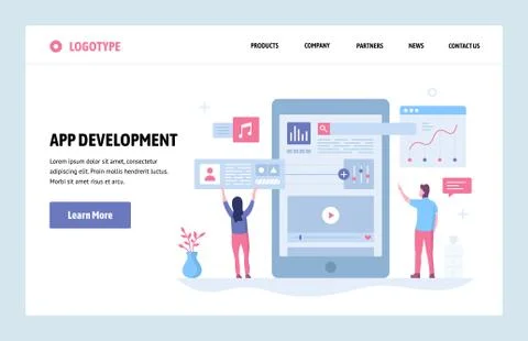 Vector web site linear art design template. Mobile phone app development Illustrazione stock