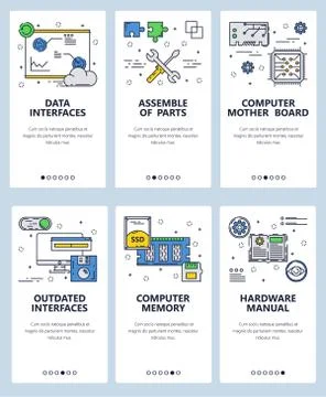 Vector web site linear art onboarding screens template. Electronic and computer 스톡 일러스트