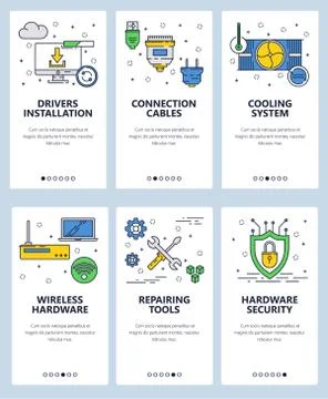 Vector web site linear art onboarding screens template. Computer hardware parts 스톡 일러스트