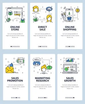 Vector web site linear art onboarding screens template. Digital marketing and Stock Illustration