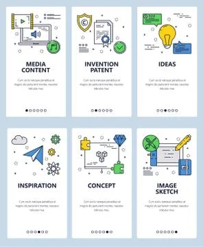Vector web site linear art onboarding screens template. Media, inventions and Stock Illustration