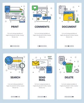 Vector web site linear art onboarding screens template. Printer, computer and Stock Illustration
