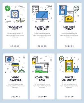 Vector web site linear art onboarding screens template. Chip, hardware and Stock Illustration