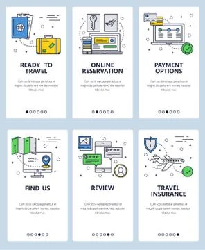Vector web site linear art onboarding screens template. Travel and online Stock Illustration