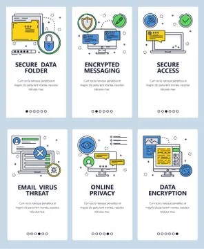 Vector web site linear art onboarding screens template. Cyber security and Illustrazione stock