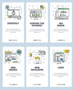 Vector web site linear art onboarding screens template. Internet web sites code Stock Illustration