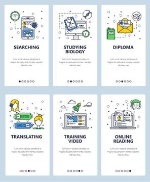 Vector web site linear art onboarding screens template. Online education and e Stock Illustration