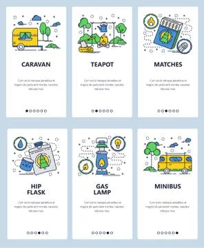 Vector web site linear art onboarding screens template. Outdoor camping and Stock Illustration