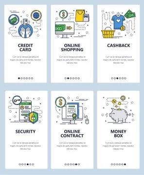 Vector web site linear art onboarding screens template. Online shoping and Stock Illustration