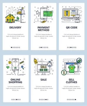 Vector web site linear art onboarding screens template. Online shopping and Stock Illustration