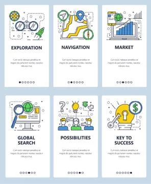 Vector web site linear art onboarding screens template. Exploration, navigation Stock Illustration