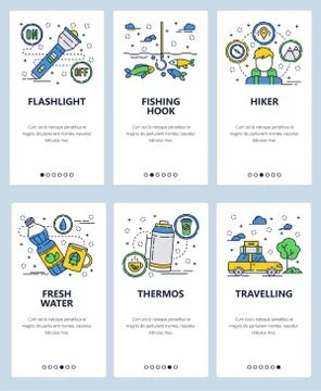 Vector web site linear art onboarding screens template. Outdoor camping, hiking Stock Illustration