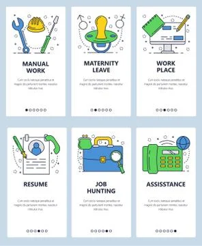 Vector web site linear art onboarding screens template. Construction worker Illustrazione stock