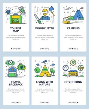 Vector web site linear art onboarding screens template. Outdoor travel, hiking Stock Illustration