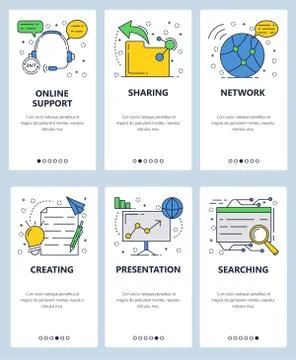 Vector web site linear art onboarding screens template. Internet services, data 库存插图