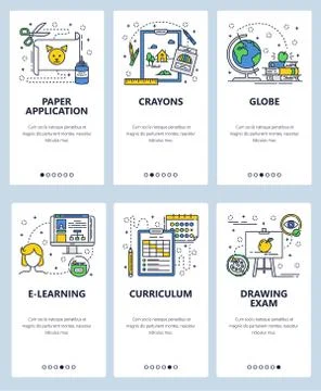 Vector web site linear art onboarding screens template. Art school and online Stock Illustration