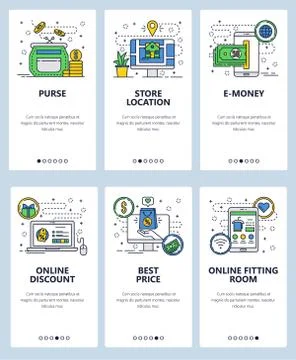 Vector web site linear art onboarding screens template. Online shopping, clothes Stock Illustration