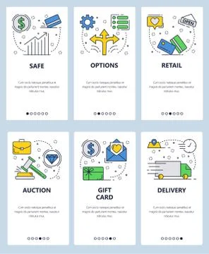 Vector web site linear art onboarding screens template. Financial chart, auction Stock Illustration