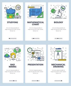 Vector web site linear art onboarding screens template. School education Stock Illustration