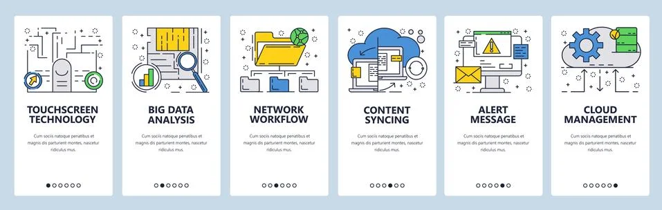 Vector web site linear art onboarding screens template. Online cloud services Illustrazione stock