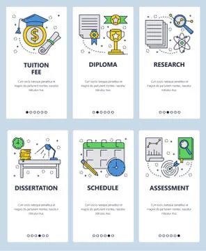 Vector web site linear art onboarding screens template. College education and Stock Illustration