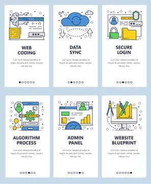 Vector web site linear art onboarding screens template. Web coding and internet Stock Illustration