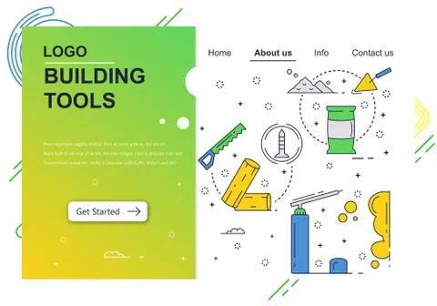 Vector web site linear art design template. Building constraction company tools Stock Illustration