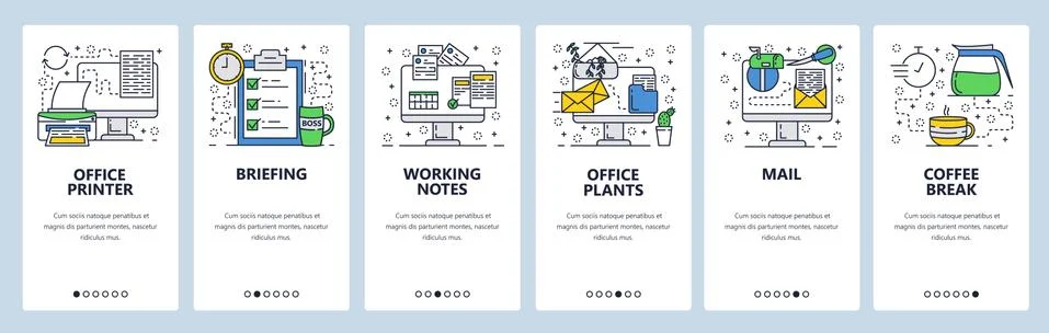 Vector web site linear art onboarding screens template. Office and business Illustrazione stock