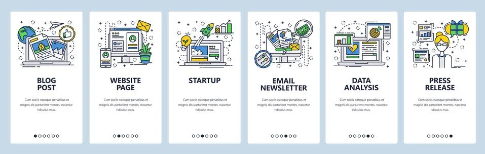 Vector web site linear art onboarding screens template. Startup launch, online Stock Illustration