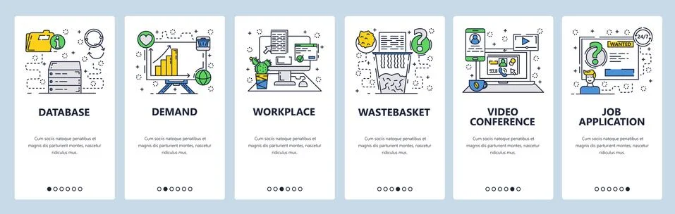 Vector web site linear art onboarding screens template. Business computer desk 스톡 일러스트