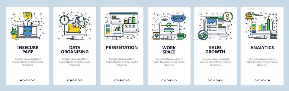 Vector web site linear art onboarding screens template. Business analytics and 스톡 일러스트